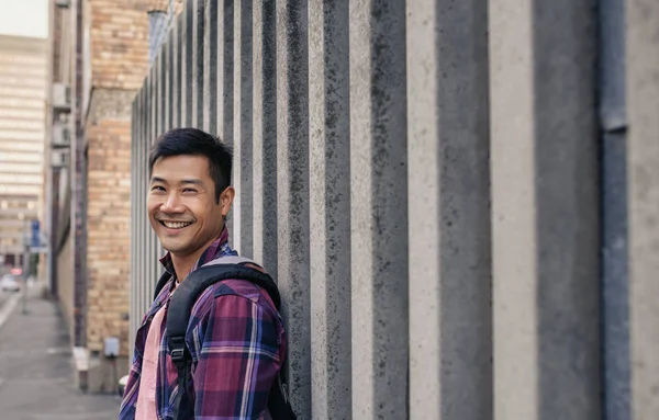 Close Portrait Young Asian Man Plaid Shirt Smiling While Leaning — Stock Photo, Image