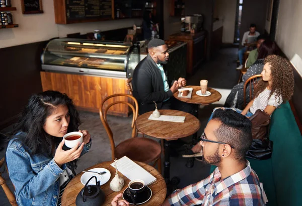 Various Group Young People Sitting Tables Trendy Cafe Drinking Coffee — Stock Photo, Image