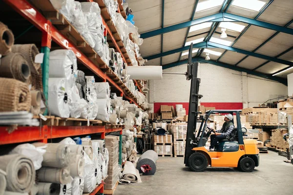 Forklift Driver Carefully Transporting Stock Shelves While Working Floor Large — Stock Photo, Image