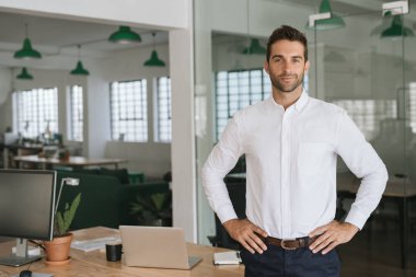 Portrait of a confident young businessman standing alone in a large modern office with his hands on his hips clipart