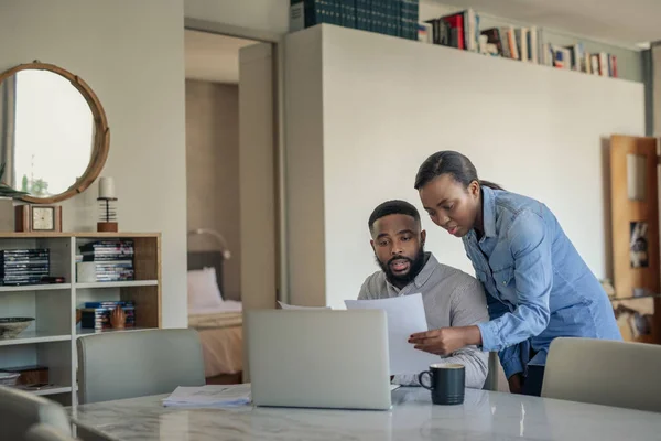 Young African American Couple Paying Theirs Bills Online Banking Dining — Stock Photo, Image