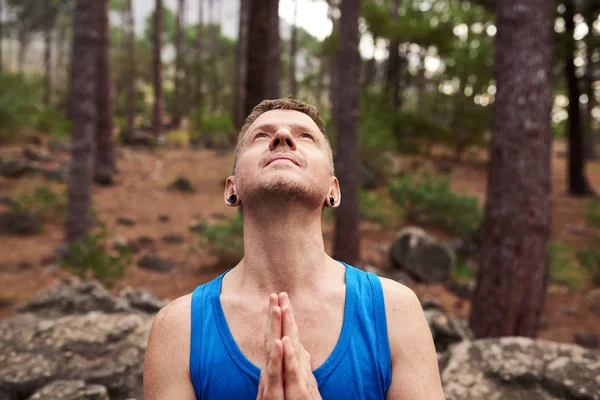 Człowiek Patrząc Niebo Modląc Się Siedząc Samotnie Skale Sosnowym Lesie — Zdjęcie stockowe