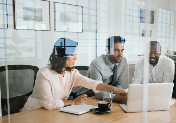 Diverse Group Businesspeople Sitting Together Glass Boardroom Modern Office Working — Stock Photo, Image