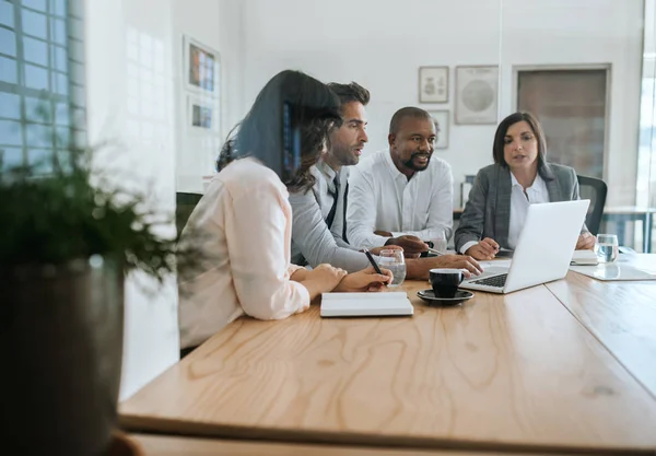 Diverse Group Businesspeople Working Together Laptop Meeting Glass Boardroom Modern — Stock Photo, Image