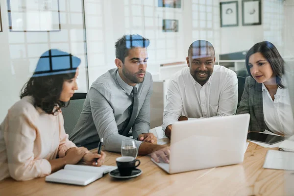 Diverse Group Businesspeople Having Meeting Glass Boardroom Modern Office Working — Stock Photo, Image