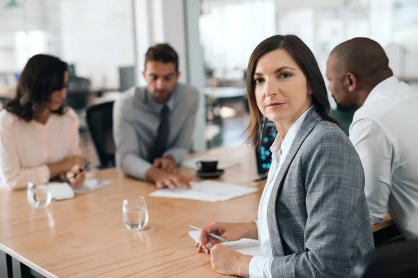 Portrait Focused Businesswoman Sitting Diverse Group Colleagues Boardroom Table Meeting — Stock Photo, Image