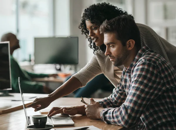 Two Diverse Young Designers Working Project Together Laptop Desk Startup — Stock Photo, Image