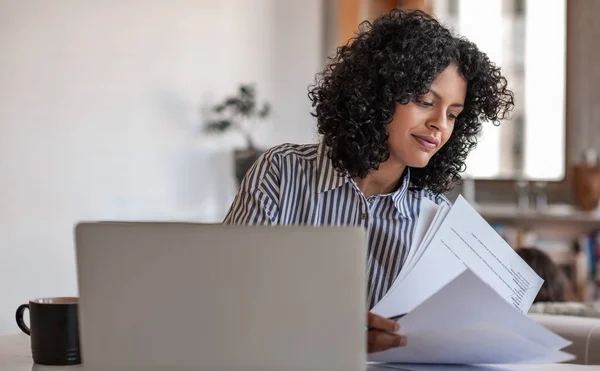 Smiling Young Female Entrepreneur Going Paperwork While Working Laptop Her — Stock Photo, Image