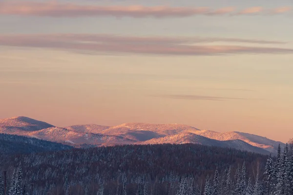 Panorama Vale Inverno Com Picos Floresta Montanha Fundo Nascer Sol — Fotografia de Stock