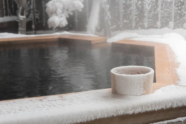 Japan Natural Mineral Hot Spring Called Onsen Cover Snow Japanese Stok Gambar