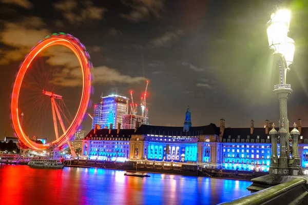 Scena Notturna Con Tracce Luce Sul Ponte Westminster London Eye — Foto Stock