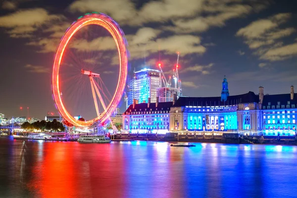 Night Scene Light Trails Westminster Bridge London Eye County Hall — Stock Photo, Image