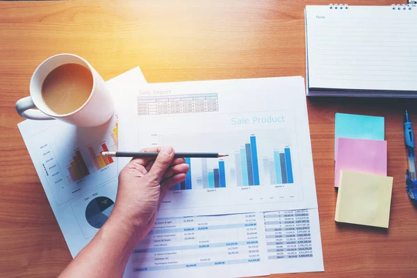 Sales Managers Working Modern Studio Woman Showing Hand Market Report — Photo