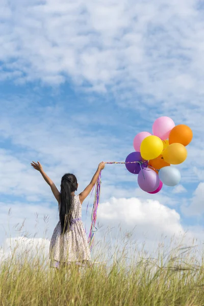 Happy Girl Holding Kleurrijke Van Lucht Ballonnen Een Groene Weide — Stockfoto