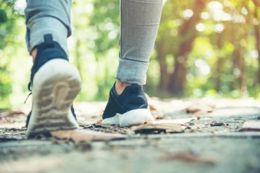 Spor ayakkabı genç bayan gezgin yaz parkına otur. Forest Park 'taki spor ayakkabı ve kot pantolona odaklan. Yürüyüş yolunda aktif aktivite tatili. Genç gezgin konsepti