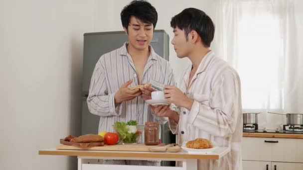 Asiático Gay Pareja Homosexual Cocinar Juntos Cocina Preparar Fresco Vegetal — Vídeo de stock