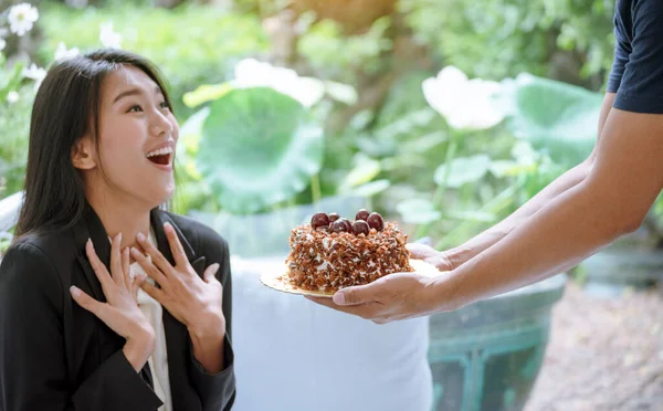 Happy Woman Eat Cake Delicious Sweet Dessert Chocolate Cafe Sweet — Stock Photo, Image