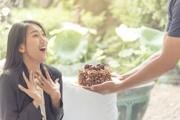 Young Asian Woman Face Got Surprise Cake Her Birthday Feeling — Stock Photo, Image