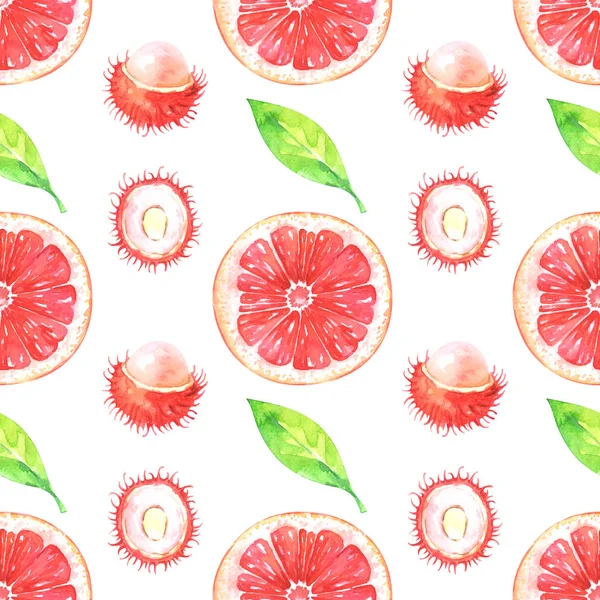 Handgemaltes Minimalistisches Nahtloses Fruchtmuster Mit Aquarell Grapefruit Rambutan Und Grünem — Stockfoto