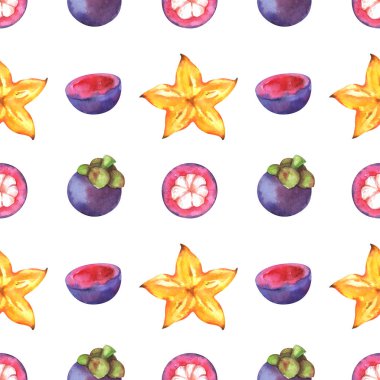 Minimalist sorunsuz meyve desenle suluboya dilimleri ve bütün mangosten ve beyaz arka plan üzerinde izole carambola el boyalı