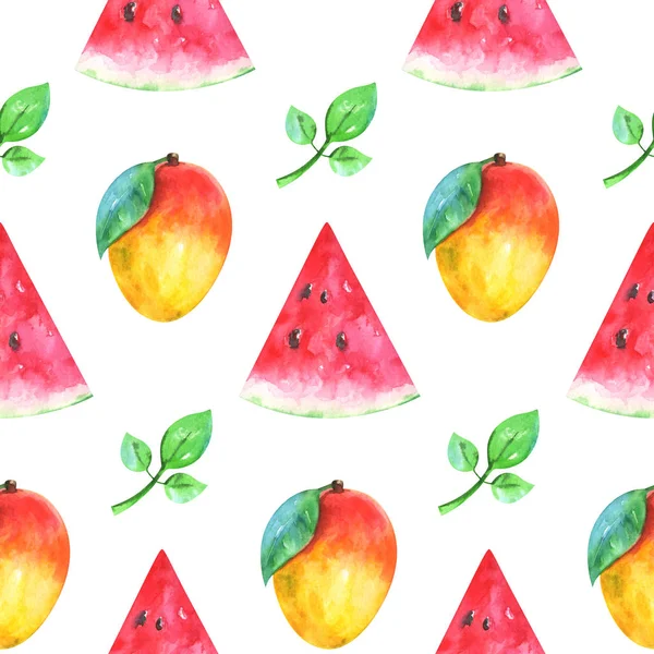 Handbemalte Minimalistische Nahtlose Fruchtmuster Mit Wassermelone Mango Und Grünem Blatt — Stockfoto