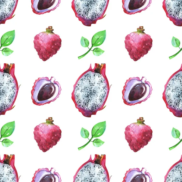 Und Gemalte Minimalistische Nahtlose Fruchtmuster Mit Aquarell Pitaya Litschi Und — Stockfoto