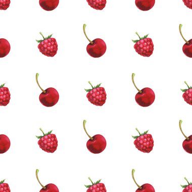 Suluboya kiraz ve beyaz arka plan üzerinde izole ahududu ile minimalist seamless modeli el boyalı