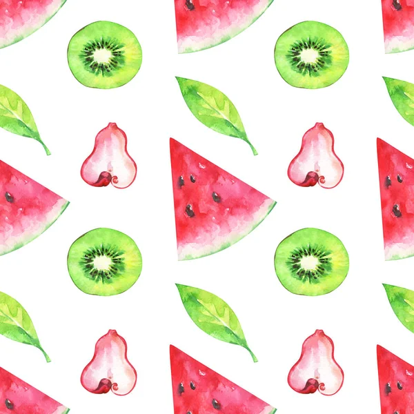 Handgemaltes Minimalistisches Nahtloses Fruchtmuster Mit Wassermelone Kiwi Und Grünem Blatt — Stockfoto