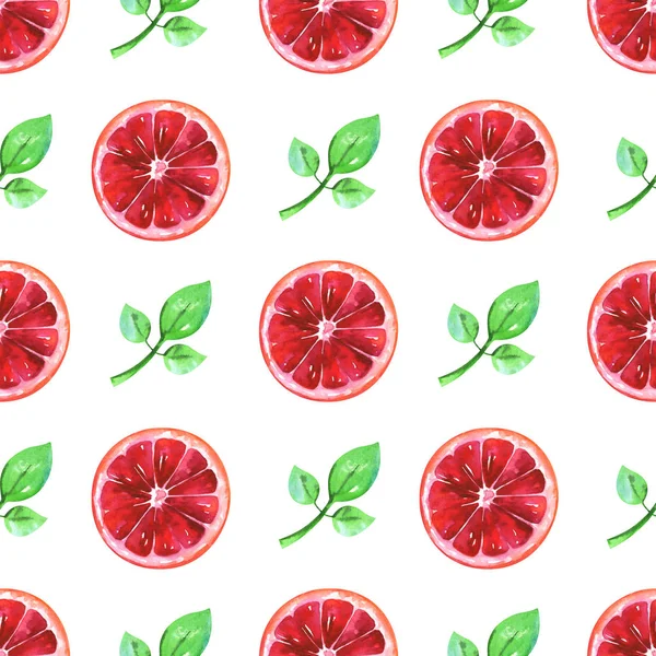 Hand painted minimalist seamless fruits pattern with watercolor blood orange and green leaf isolated on white background