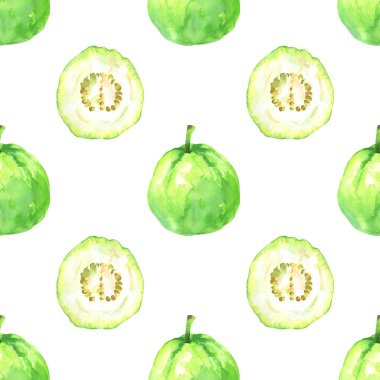 Suluboya dilimleri ve bütün guava beyaz arka plan üzerinde izole ile minimalist seamless modeli el boyalı
