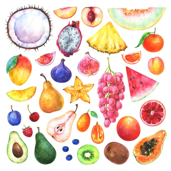 Set Frutta Dipinte Mano Acquerello Raccolta Ciliegia Mandarino Albicocca Arancia — Foto Stock