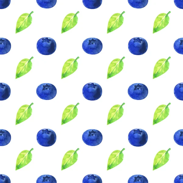 Hand painted minimalist seamless pattern with watercolor blueberries green leaves isolated on white background