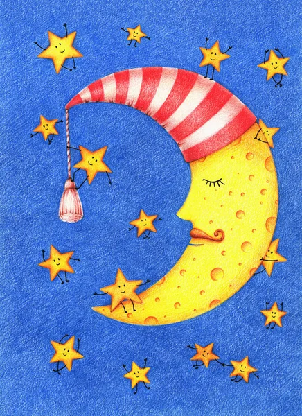 Hand Drawn Illustration Cute Sleeping Moon White Red Striped Nightcap — Stock Photo, Image