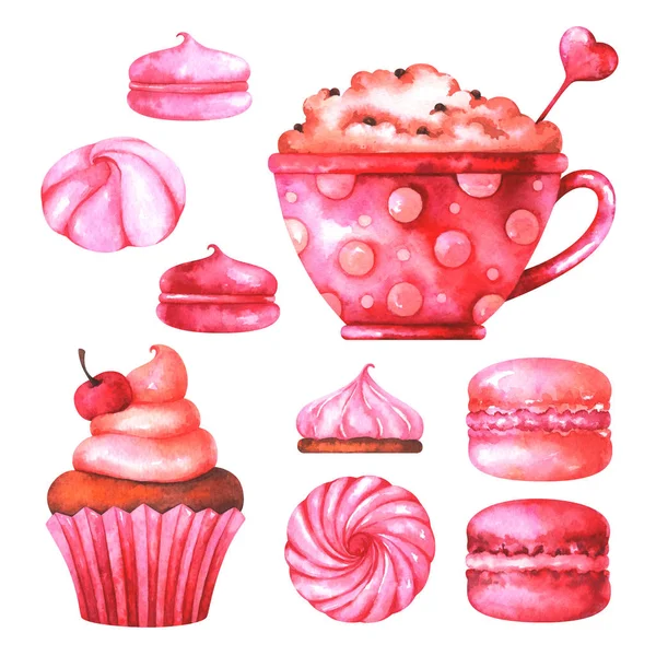 Ręcznie Malowane Ilustracja Akwarela Macaroons Marshmallows Kubek Kawą Muffin Cream — Zdjęcie stockowe