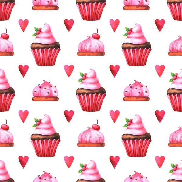 Handbemaltes Nahtloses Muster Mit Aquarell Muffin Kuchen Und Rotem Herz — Stockfoto