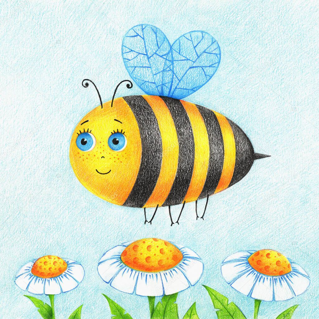 hand drawn picture of cute flying bee and flowers by the color pencils