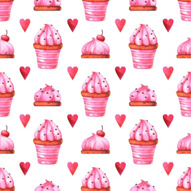 Suluboya kek, pasta ve beyaz arka plan üzerinde izole kırmızı kalp ile seamless modeli el boyalı