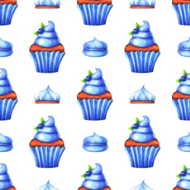 Yaban mersini, pasta ve beyaz arka plan üzerinde izole hatmi ile suluboya kek ile seamless modeli el boyalı