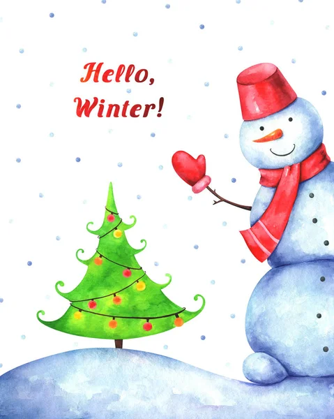 Ruční Nakreslený Obrázek Legrační Sněhulák Vánoční Strom Text Hello Zimní — Stock fotografie