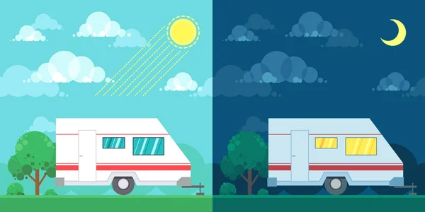 Vlakke Stijl Ontwerp Vectorillustratie Van Camper Reizen Aanhangwagen Dag Nacht — Stockvector