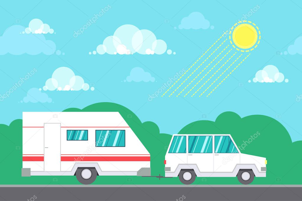Road travel poster with car and camping trailer on highway. Flat style design vector illustration.