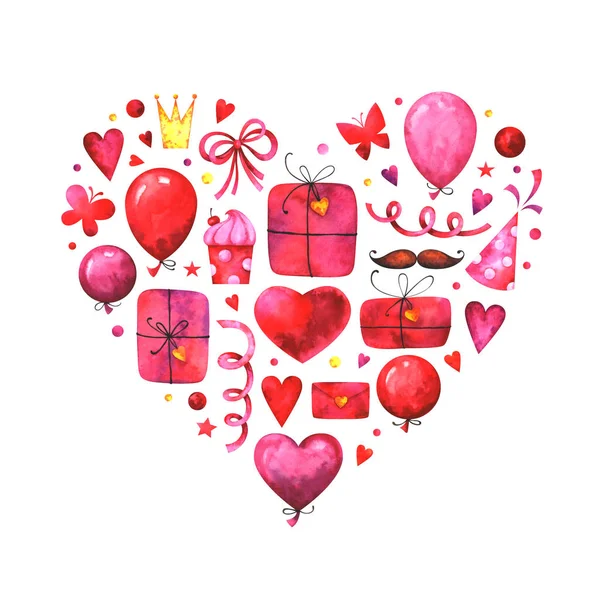 Ručně Malované Valentýn Přání Akvarelu Kolekce Růžové Červené Fialové Krásné — Stock fotografie