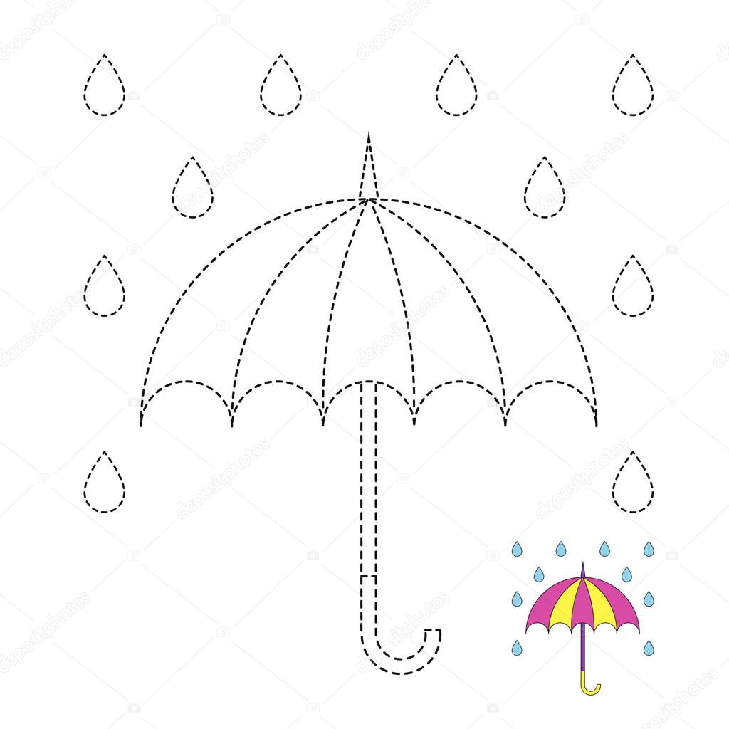 Vector drawing worksheet for preschool kids with easy gaming level of difficulty. Simple educational game for kids. Illustration of umbrella and raindrops for toddlers