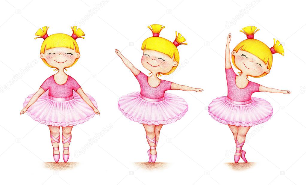 hands drawn picture of little beautiful ballet dancer in three different positions on white background by the color pencils