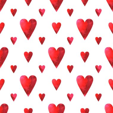 Beyaz arka plan üzerinde izole suluboya kırmızı kalpler ile seamless modeli el boyalı. Sevgililer günü tasarım, afiş, davetiye, kartları kullanılabilir