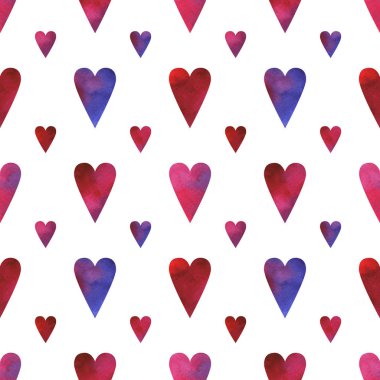 Beyaz arka plan üzerinde izole mavi, pembe, kırmızı veya mor renklerde suluboya kalpleri ile seamless modeli el boyalı. Sevgililer günü tasarım, afiş, davetiye, kartları kullanılabilir