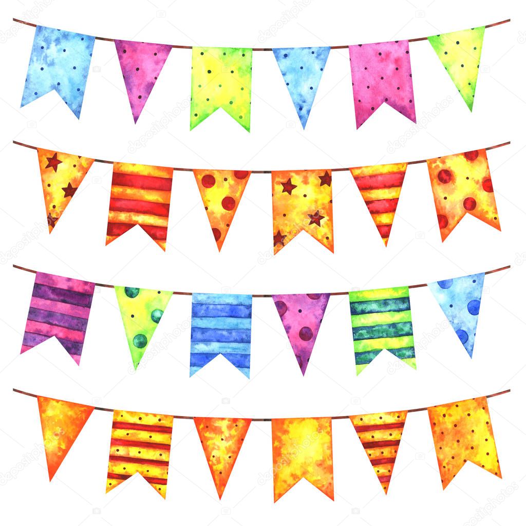 Hand painted watercolor festive garlands of colorful flags set isolated on white background. Holiday, birthday, party, carnival and wedding decor elements