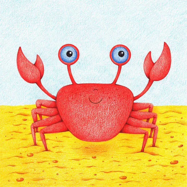 hands drawn picture of funny crab at the beach by the color pencils. Illustration of wildlife for kids