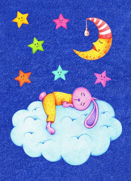 hands drawn picture of funny colorful stars, moon and pink hare in yellow pajamas sleeping on cloud in night sky by the color pencils