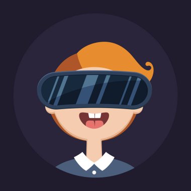 Sanal gerçeklik gözlüklü genç komik çocuk düz stilde vektör çizim